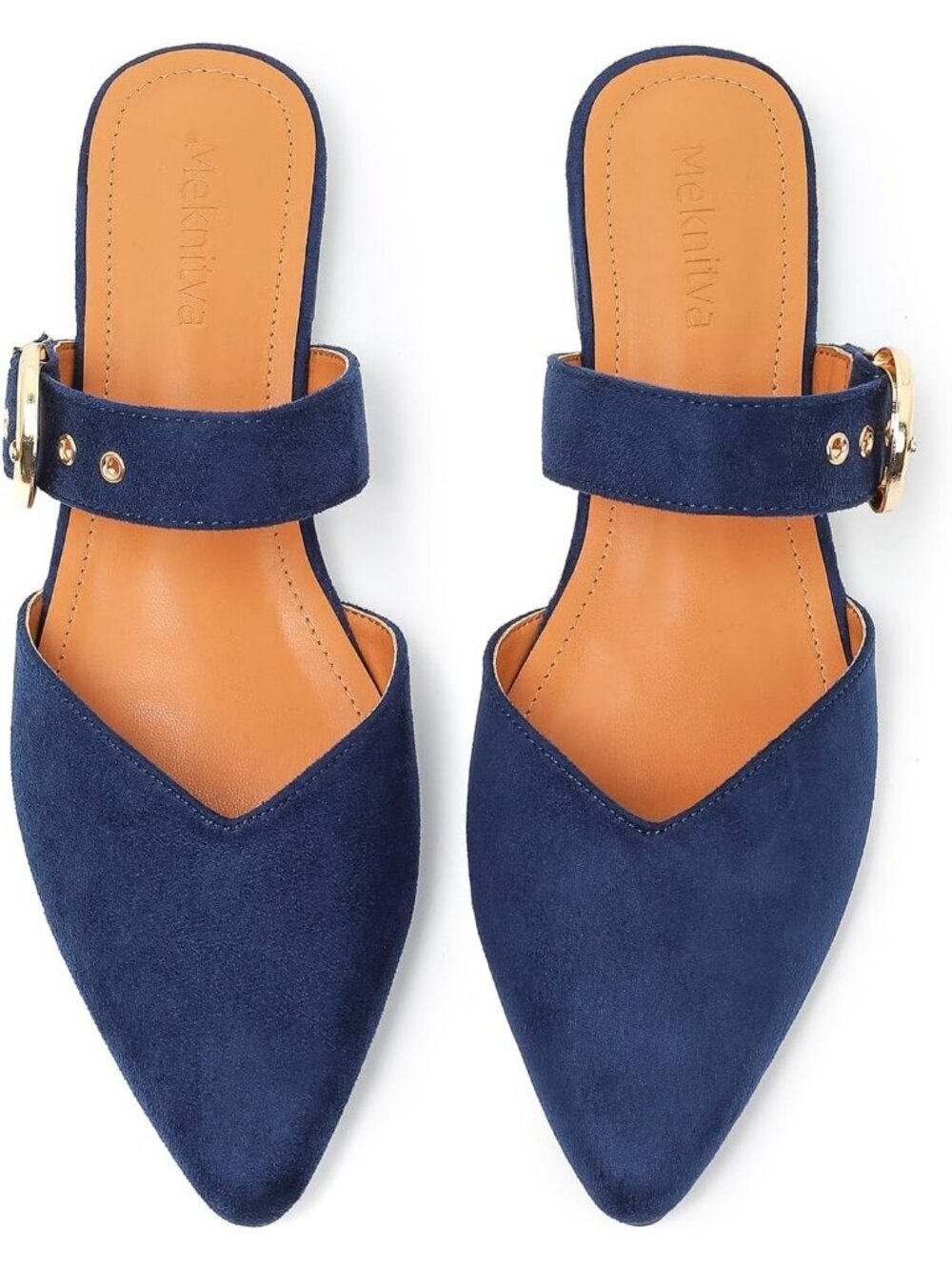Women's Blue Pointed Toe Mules Adjustable Strap Synthetic Suede Slip On Shoes